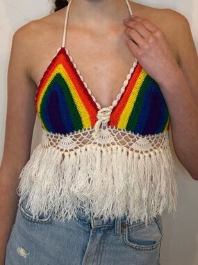 Crochet Rainbow Fringe Halter Top - Multicolor